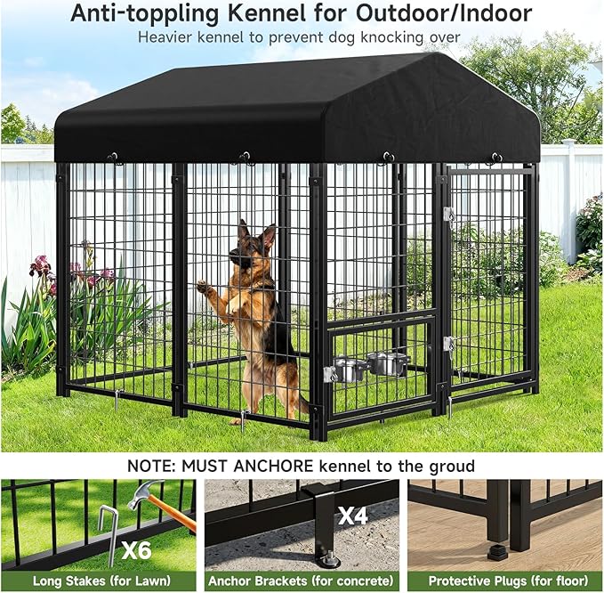 Dog Kennel Outdoor, Outside Dog Kennel with Roof & Swivel Feeders/Removable Doggy Door Allow Connecting Your Dog House, Heavy Duty Dog Run Pen Yard for Medium/Large Dogs (5'L x 5'W x 5'H)