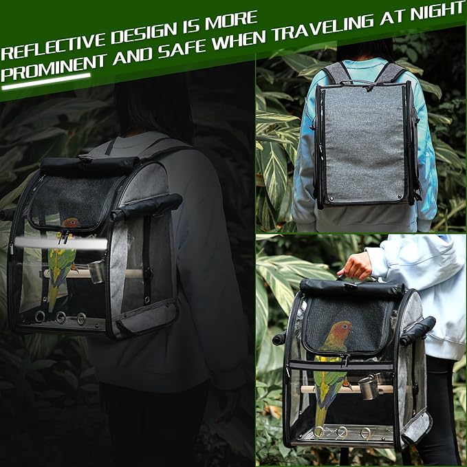 SUERTREE Bird Carrier Bag with Indestructible Stainless Steel Mesh, Bird Travel Cage with Stand, Easy to Clean Backpack for Parrot, Portable Bird Travel Bag, Grey