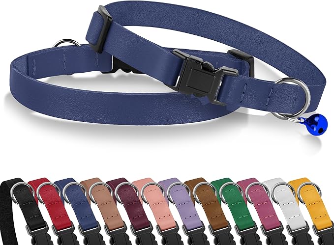 Breakaway Cat Collar with Bell - Leather Adjustable Kitten Collars with Safety Quick Release Buckle - Soft Small Pet Collars for Girl & Boy Cats (Deep Blue)