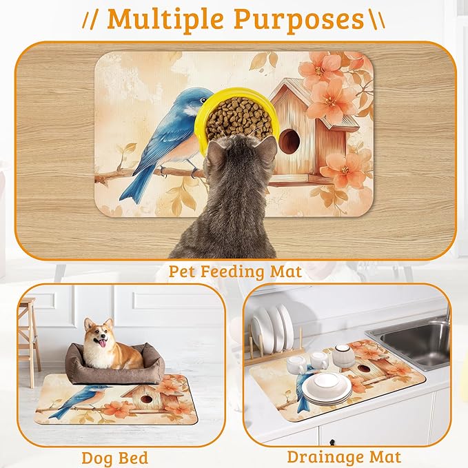 Dog Bowl Mat,Blue Bird Pet Feeding Mat for Floors Waterproof,Fall Leaves Absorbent Dogs Placemat for Food and Water Quick Dry Pet Cat Feeding Mats with Non Slip Bottom 16" x 24"
