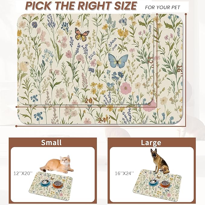 Wildflowers Dog Cat Food Mat,Vintage Botanical Garden Plants Herb Butterfly Absorbent Pet Feeding Mat for Food and Water,Non-Slip Dog Bowl Mats Floor Protector 12"x20"