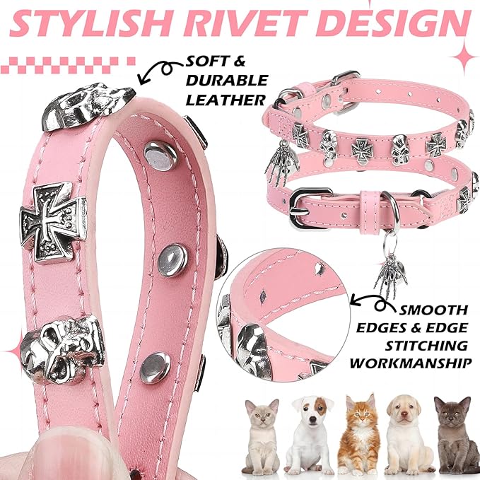 EXPAWLORER Cat Collar for Girl Boy Cats- Adjustable Leather Pet Collar with Safety Elastic Belt,Personalized Punk Accessories Buckle Collars with Bell & Durable D-Ring,Skull（Pink）