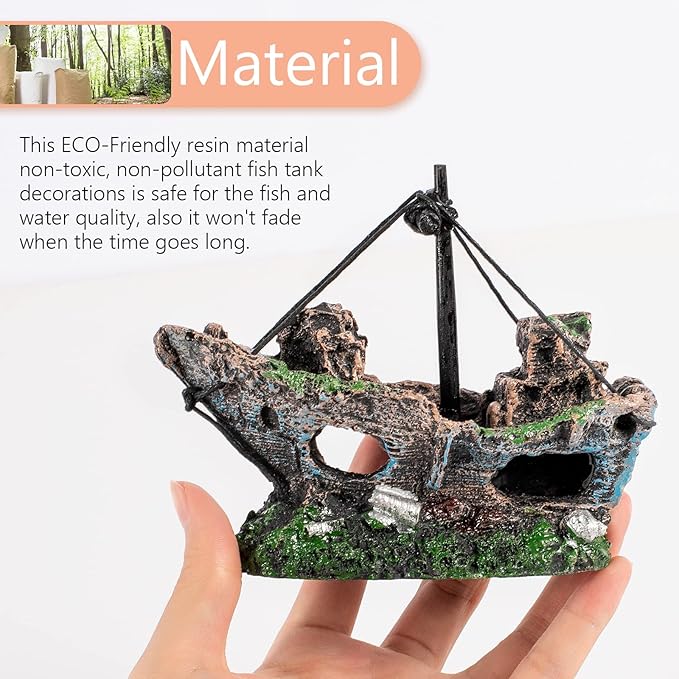 Raeasily Fish Tank Decoration Aquarium Accessories,Shipwreck Decor,Resin Material Sunken Ship Decorations for Fish Favors, Multi, 10 * 10