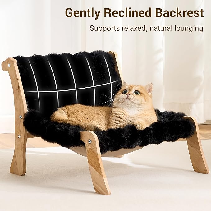 Solid Wood Cat Couch Bed for Indoor Cats, Modern Cat Sofa with Ultra-Soft Plush Surface Washable, Reclined Backrest, Elevated Elevated Cat Lounge Furniture for Small to Adult Pets, Sheen Black