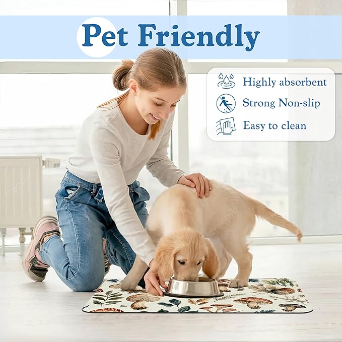 Vintage Mushroom Floral Dog Cat Food Mat–Christmas Stocking Absorbent Waterproof Placemat for Food and Water Bowls, Non Slip Rubber Backing, Feeding Mat for Clean Floors 12"x20"