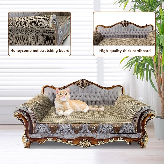 Luxury Cardboard Cat Scratcher Sofa Bed, Couch Shaped Cat Scratching Board, Scratch Lounge with Catnip, Scratcher for Indoor Cats Kittens Kitties Grey