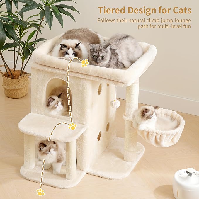 Heybly Cat Tree, 25.6-inch Cat Tower with Spacious Top Perch for Large Cats, Stair-Style Cat House Furniture with Dual-Layer Condos, Sisal Scratching Posts, Cozy Basket & Pompom, Beige HCT204SM