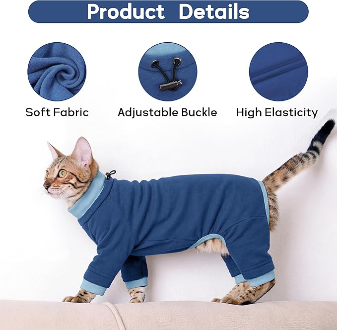 PUMYPOREITY Cat Hair Sticky Sweater, Recovery Suit - Breathable & Lightweight for Post-Surgery Protection, Cat Onsie Prevents Licking Wounds, Blue, XL