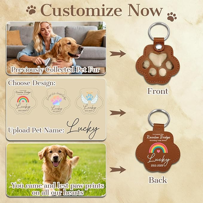 Eunigem Personalized Pet Hair Keychain for Dogs Cats-Custom Paw Keychains for Dog Hair-Shaped Leather Keychain,Pet Memorial Gifts Remembrance Accessory Refillable Keepsake for Bag or Key (Color-3)