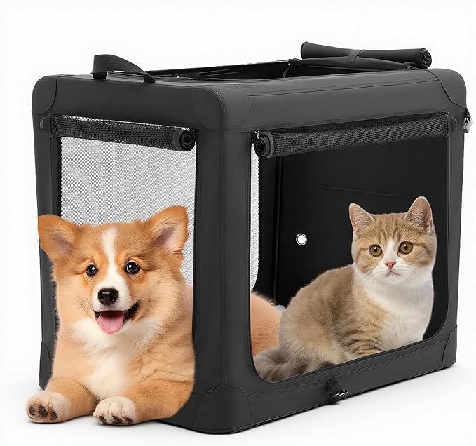 DUMOS Dog Crate 24 Inch Travel Cat Pet Carrier for Small Dog, Portable Foldable Soft Pet Airline Approved Crate with Storage Bag & Washable Pad for Indoor Outdoor Dog Kennel Carrier (S-30lbs, Black)
