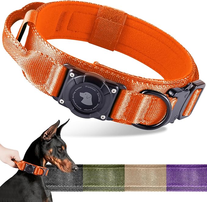 2026 Upgrade Waterproof AirTag Dog Collar, Military Tactical Dog Collar with AirTag Holder, Comfortable Control Handle and Metal Buckle, GPS Dog Collar Holder for Medium to Large Dogs (Orange, XL)