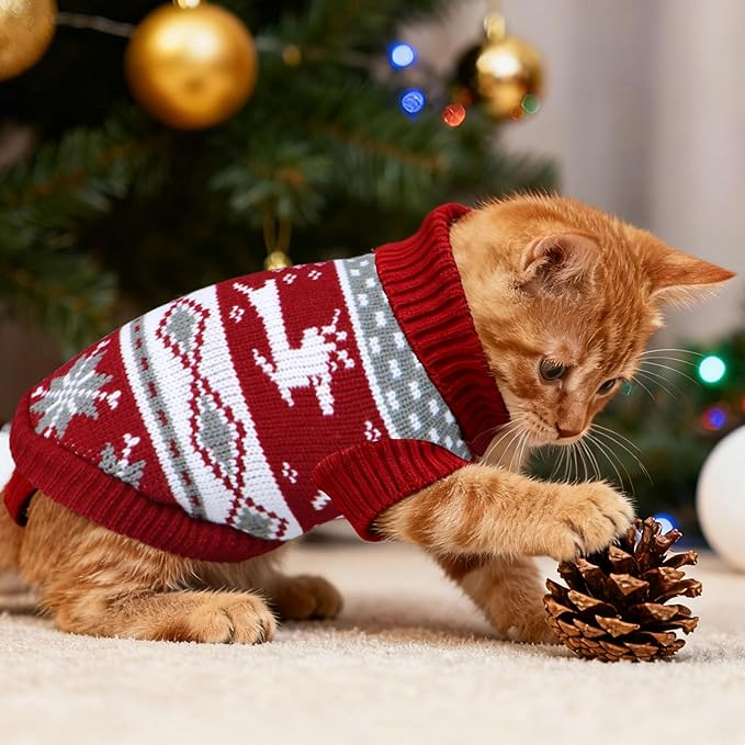 Cat Christmas Sweater Pet Winter Warm Coat Pajamas Reindeer Snowflake Knitwear Cat Sweater for Cats Kitty Puppy (Reindeer, S)