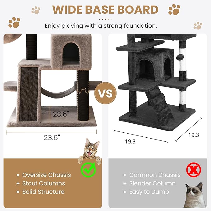 SHA CERLIN 65in Larger Cat Tree Tower Condo for Indoor Kitties/Multi-Level Furniture Activity Center with Wide Base/Cozy Plush Perches/Baskets/Sisal Scratching Posts and Hammock/Black & Grey
