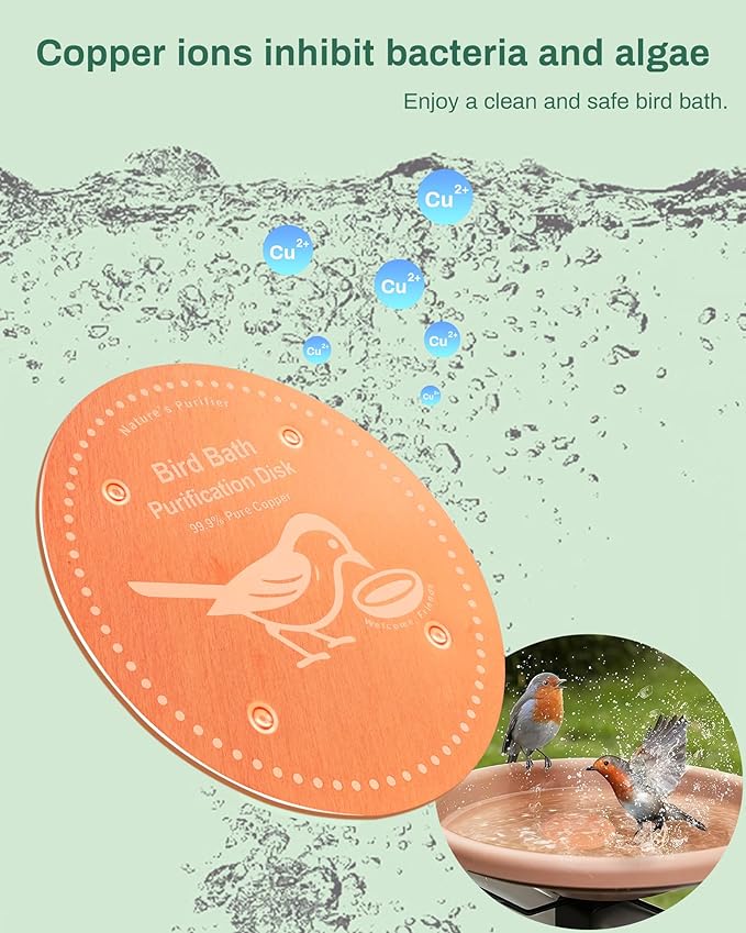 Bird Bath Purification Disk Pure Copper Outside Winter Solar Power Birdbath Heater Deicer Cage Hanging Bowl Metal Warmer Deck Railing Glass Concrete Ceramic Stone Stand Water Fountain Station