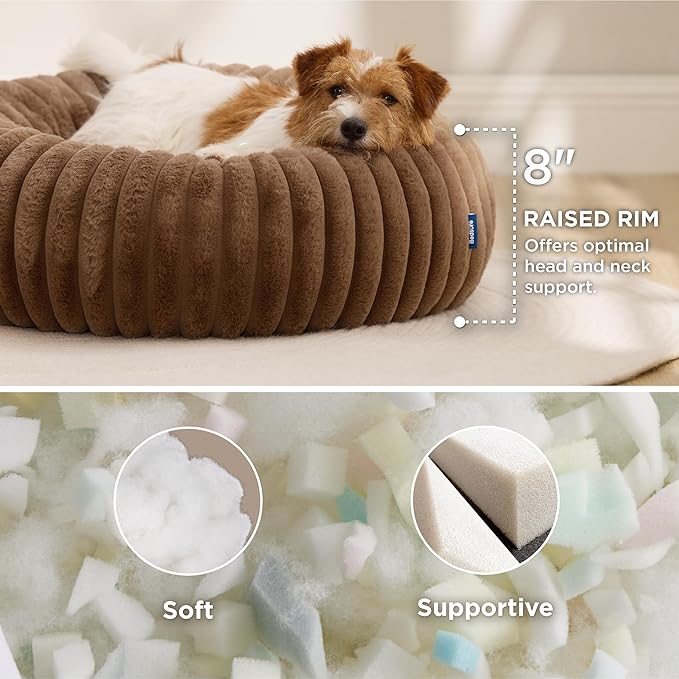 Bedsure ComfyFleece™ Donut Small Dog Bed - Dog Beds for Small Dogs with Corduroy Fleece & Anti Slip Bottom, Round Faux Fur Pet Beds with Washable Removable Cover, Camel Brown, 27x27x8 inches