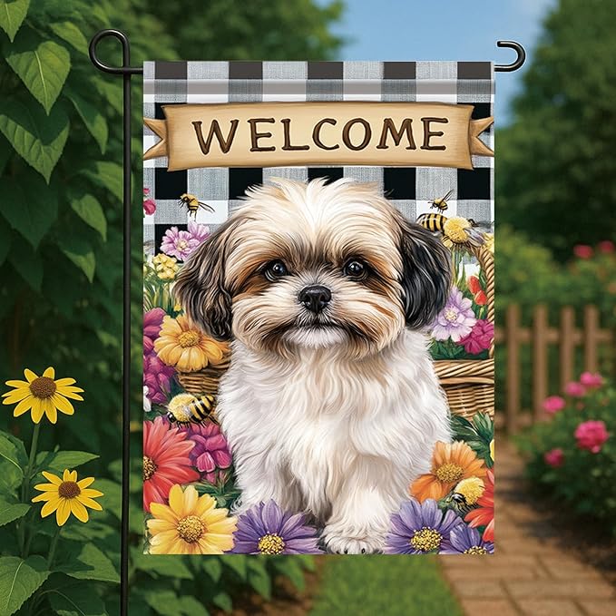Spring Summer Garden Flag Shih Tzu Dog Flag 12x18 Inch Double-Sided Cute Puppy Yard Banner Buffalo Plaid Floral Outdoor Decor for Porch Lawn Pathway Dog Lover Housewarming