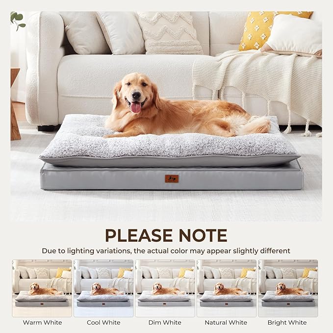 2-Pack XL Waterproof Dog Bed Large Size Dogs, Plush Cushion & Orthopedic Egg-Crate Foam Mattress for Senior Dogs, Washable Dog Crate Bed with Removable Cover, Light Grey