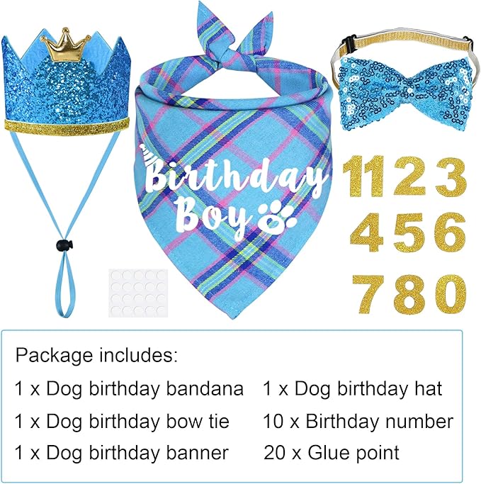 Dog Birthday Party Supplies, Multi Sizes Dog Birthday Bandana Boy Dog Birthday Hat Crown with Birthday Numbers Bow Tie for Large Extra Large Dogs Pets (Light Blue, X-Large)