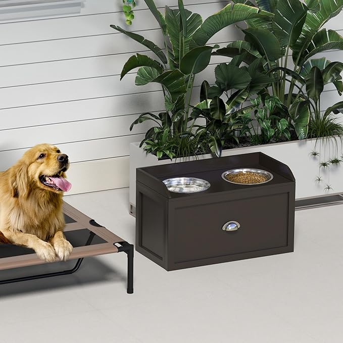 PawHut Dog Feeding Station with Storage Drawer, Dog Food Storage Cabinet with 2 Removable Elevated Pet Bowls for Large Sized Dogs, Coffee