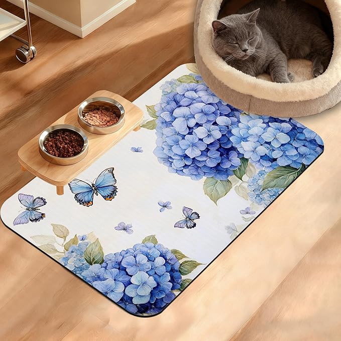 Pet Feeding Mat,Blue Hydrangea Absorbent Dog Cat Food Mat Butterfly Floral Dog Mat with Rubber Backing,Non-Slip Water Bowl Placemat,Pet Supplies 16" x 24"
