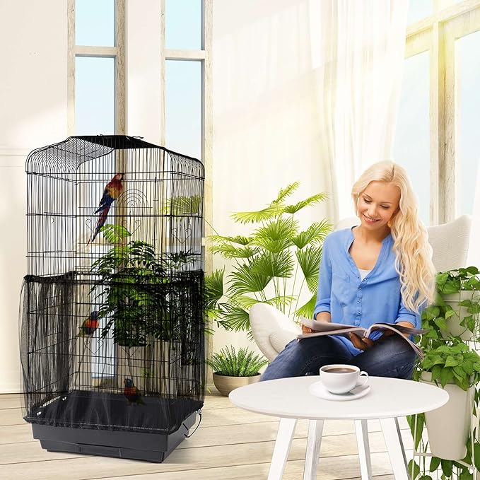 Bird Cage Netting Seed Catcher Adjustable Bird Cage Skirt Seed Catcher Large Soft Breathable Mesh Catchers for Indoor Round Square Cages (Circumference 80 inch to 118 inch)