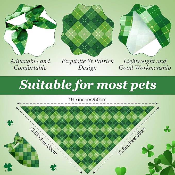 Weewooday 50 Pcs St Patricks Day Bandanas Bulk for Dogs Adjustable Irish Shamrocks Clover Green Plaid Triangle Soft Bibs Puppy Bandana for Small Medium Large Cat Pet Costume(19.7 x 13.8 x 13.8 Inch)