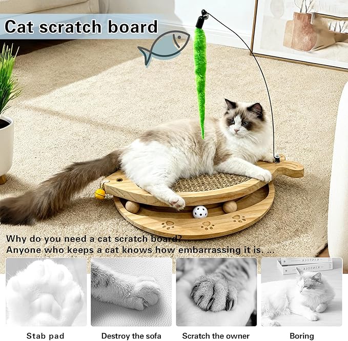 Cat Scratcher with Natural Sisal Pad, 3-in-1 Cat Scratching Board, 2-Tier Kitten Toys with Wooden Ball Track & Swing Toys -No Assembly Cats Activity Center, for Indoor and Outdoor
