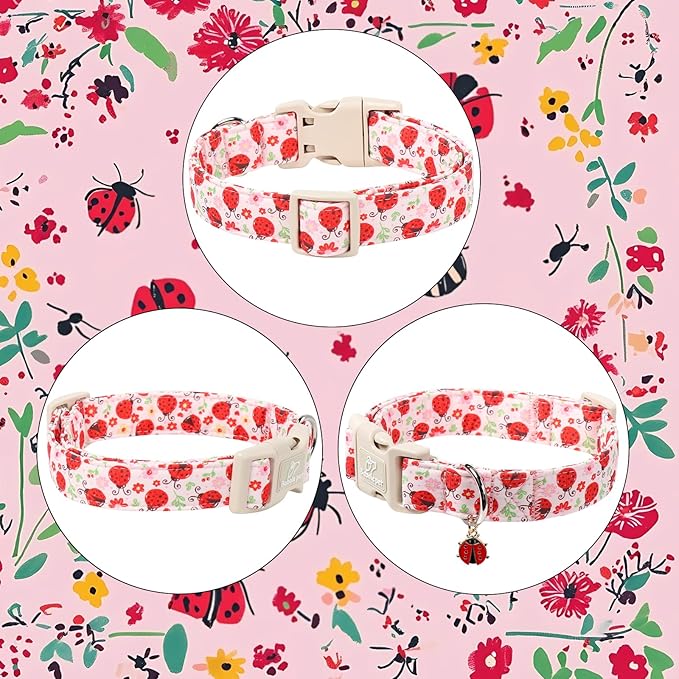 Lucky Ladybug Dog Collar for Large Dogs - Sweet Pink Girl Dog Collars, Lightweight Adjustable Spring Garden Mom Dogs Collars with Quick Release Buckle L