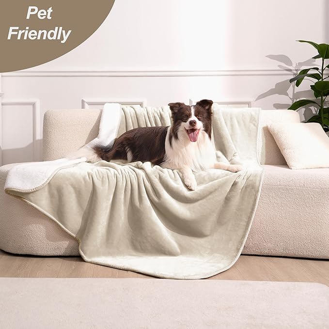 gogobunny Waterproof Bed Blanket, Reversible Sherpa Fleece Throw Blanket for Dog Puppy Cat, Furniture Cover Protects Bed Couch Sofa from Liquid Pee and Pet Fur (Cream, 30x70 inches)