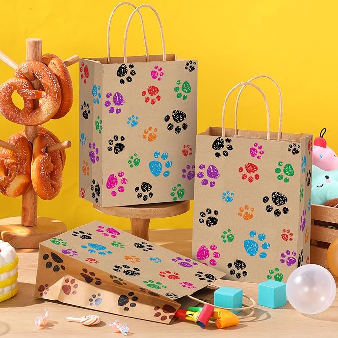 Blulu 20 Pcs Puppy Dog Paw Gift Bags with Paper Twist Handles, Dog Gift Paper Paw Treat Goodie Bags for PET Treat Party Favor, 6.3 x 3.1 x 8.6 Inch(Kraft Backing)