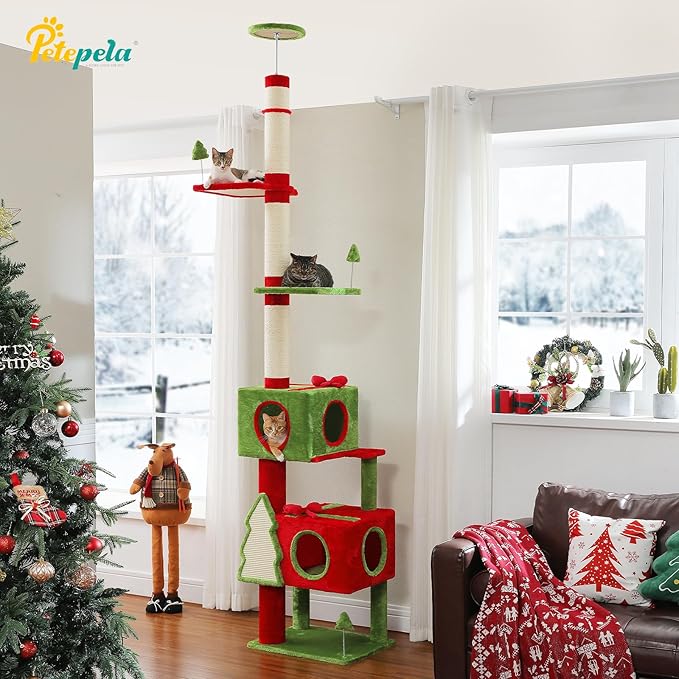 PETEPELA Floor to Ceiling Christmas Cat Tree, Tall Cat Tower (Adjustable Height 90.9-107.8 in) with 2 Large Condos, Scratching Posts & Detachable Cat Toys for Large Adult Cats, Red/Green