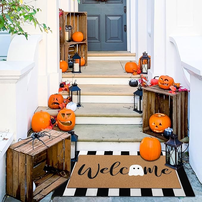 Tinideya 2 Pcs Door Mat Welcome Non Slip Coir Mats Floor Layering Doormats Seasonal for Front Porch Entryway Decor(White Ghost)