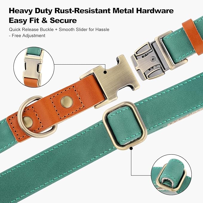 Plutus Pet Genuine Leather & Hemp Dog Collar – Adjustable Heavy Duty Pet Collar with Quick Release Metal Buckle, Soft & Stylish for Puppy and Small, Medium, Large Dogs (Green, L)