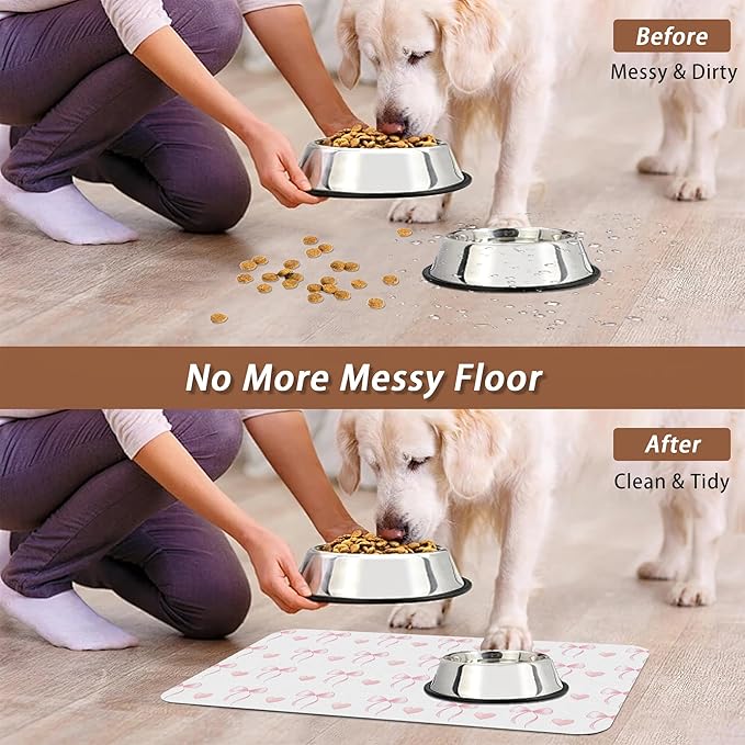 Cute Pink Bow Dog Food Mat for Floors,Heart Absorbent Pet Food and Water Bowl Mats,Non-Slip Pet Feeding Mat,Pet Supplies 16" x 24"
