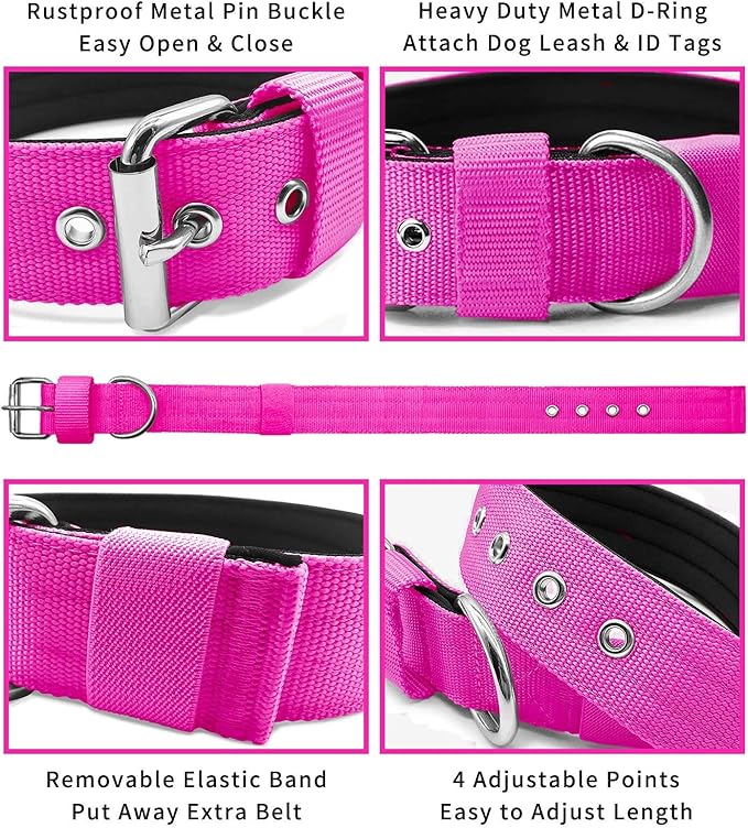 Heavy Duty Tactical Dog Collar - 1.5" Width Military Durable Thick Nylon with Adjustable Metal D Ring & Buckle Working Training K9 Collar for Medium Large Dogs (M(17"-20"), Hot Pink)