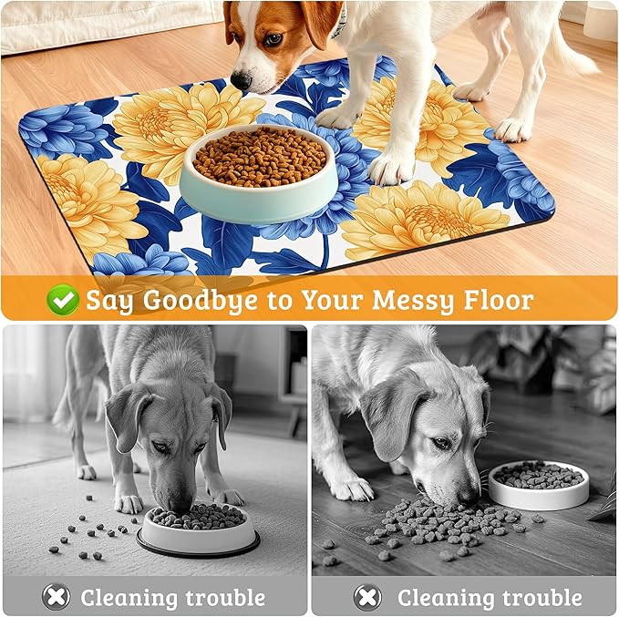 Blue Yellow Flowers Dog Food Mat,Absorbent Pet Feeding Mat for Food and Water Bowl,Quick Dry Dog Placemat Non Slip Rubber Backing Waterproof Pet Supplies 16" x 24"