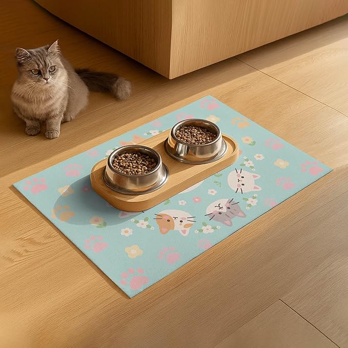 Cat Feeding Mat 24x16 inch Kitten Print Pet Bowl Placemat Non Slip Floor Mat for Food and Water Indoor Kitty Feeding Station Cute Meal Pad for Small Pets Kitchen Use