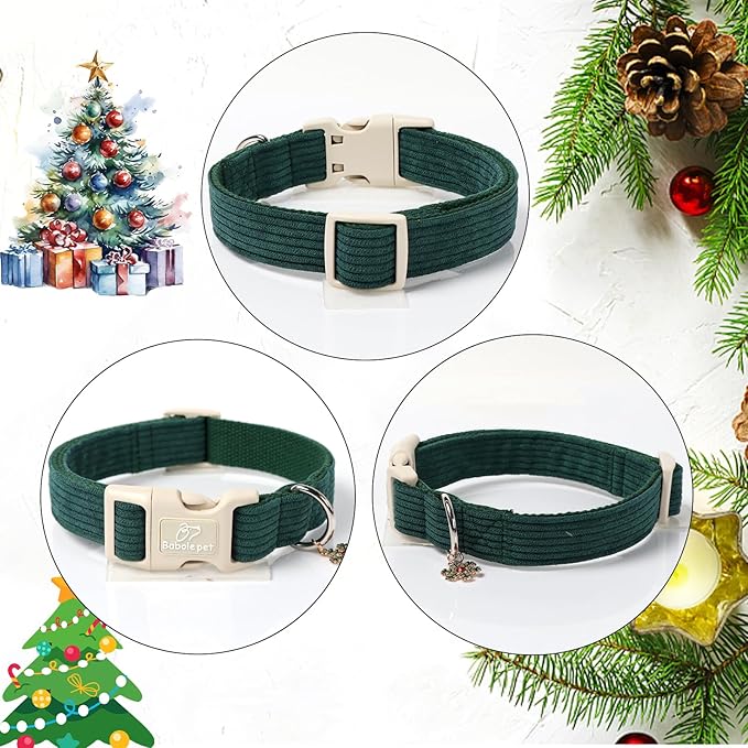 Cute Corduroy Dog Collar - Forest Green Adjustable Dog Collars for X-Large Dogs 80+lbs, Fade-Proof with Secure Snap & Little Charm, Christmas Birthday Gift, XL