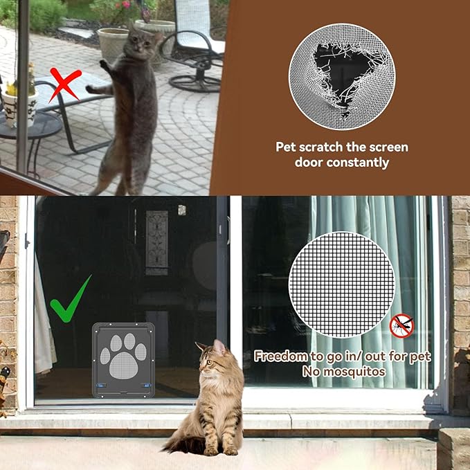 NAMSAN Cat Screen Door, Flap Opening 8 x 10 inches, Cat Door for Screen Door, Magnetic Self-Closing Small Pet Door for Sliding Door, Window Screen Door with Doggie Door Built in, Lockable, Black