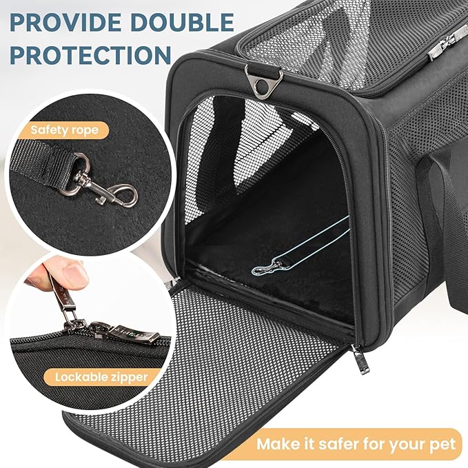 19 x 12 x 12 Large Cat Car Carrier – Roomy Escape-Proof Cat Car Seat for Safe Driving, Lockable Zippers & Safety Tether, Soft-Sided Travel Carrier for Road Trips & Vet Visits