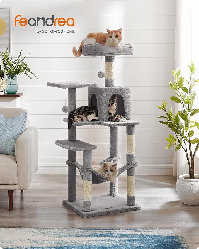Feandrea Cat Tree, 55.1-Inch Cat Tower, Plush Multi-Level Condo with 4 Scratching Posts, 2 Perches, Hammock, Cave, Light Gray UPCT161W01