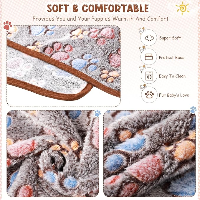 Tegeme 8 Pcs Fleece Dog Blankets for Small Dogs Cat Soft Coral Velvet Warm Sleep Mat Fluffy Dog Paw Print Blanket for Kitten Doggy Small Animal(24 x 16 Inch,Dark Gray)