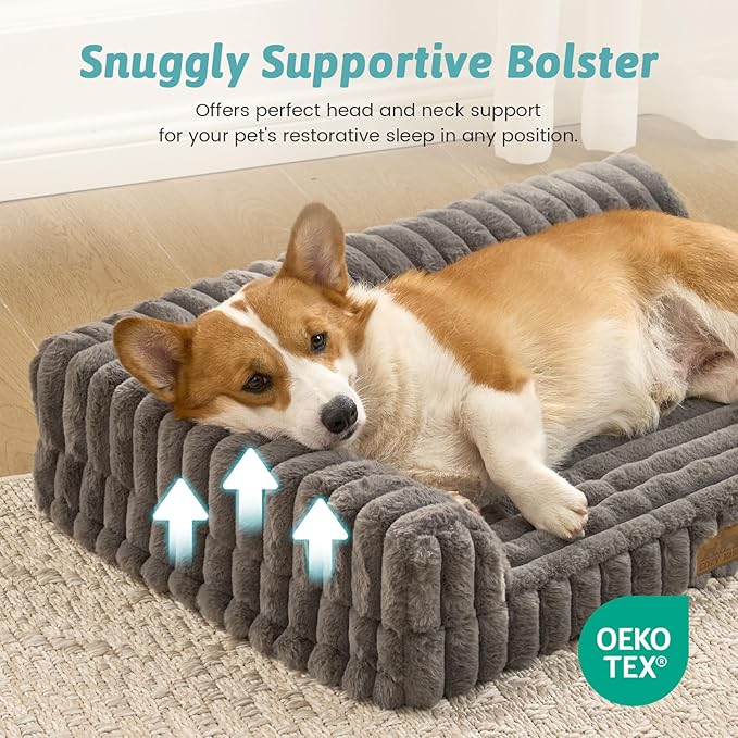 Cute Dog Bed, Faux Rabbit Fur Orthopedic Foam Dog Bed with Sides, Removable Washable Cover & Waterproof Lining, Comfortable Pet Couch for Small Dogs, Grey (30" L x 20" W x 6" Th)