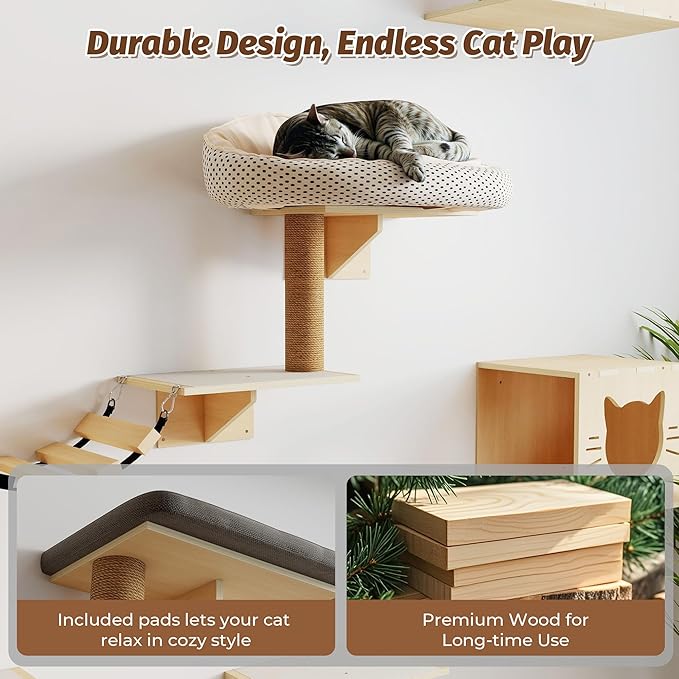 12-Pc Cat Wall Shelves, Cat Wall Furniture Set with Cat Bridge & Scratching Post, Large Wall Mounted Cat Tree Activity Center, Cat Climbing Wall for Indoor Cats Sleep & Scratch, Natural Pine