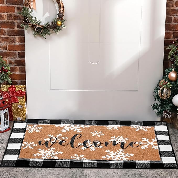 Tinideya 2 Pcs Winter Door Mat Outdoor Snowflake Welcome Mats for Front Door Non Slip Winter Coir Doormat Layering Black White Check Rug for Outside Front Porch Entryway Decor