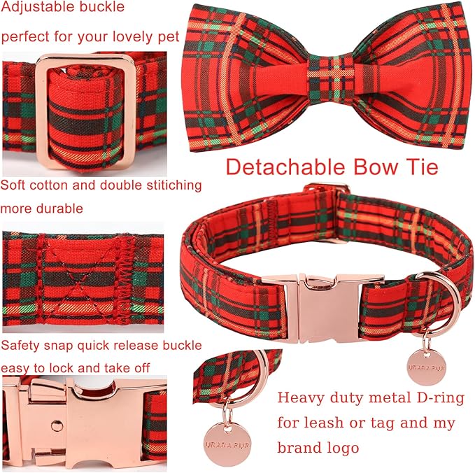Christmas Dog Collar with Bow Tie, Cotton Christmas Plaid Collar for Medium Girl Boy Dog,Red &Green Plaid Dog Collar Bowtie with Durable Metal Buckle,Adorable Pet Collar,M,Neck 13.5-22in