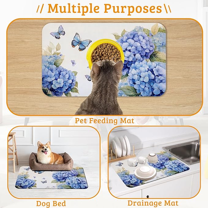 Pet Feeding Mat,Blue Hydrangea Absorbent Dog Cat Food Mat Butterfly Floral Dog Mat with Rubber Backing,Non-Slip Water Bowl Placemat,Pet Supplies 12" x 20"