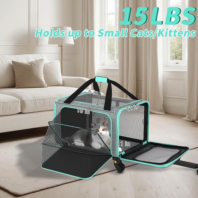Rolling Pet Carrier with Detachable Wheels - 18x11x11 TSA Airline Approved for Southwest Delta United American, Soft Sided Expandable Travel Bag for Small Dogs & Cats up to 15Lbs, Fits Under Seat