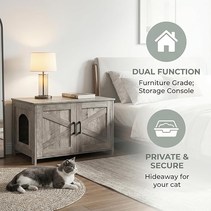 Homhedy Cat Litter Box Enclosure, Wooden Cat Washroom Furniture with Barn Door, Pet House, Fit Most of Litter Box, Greige