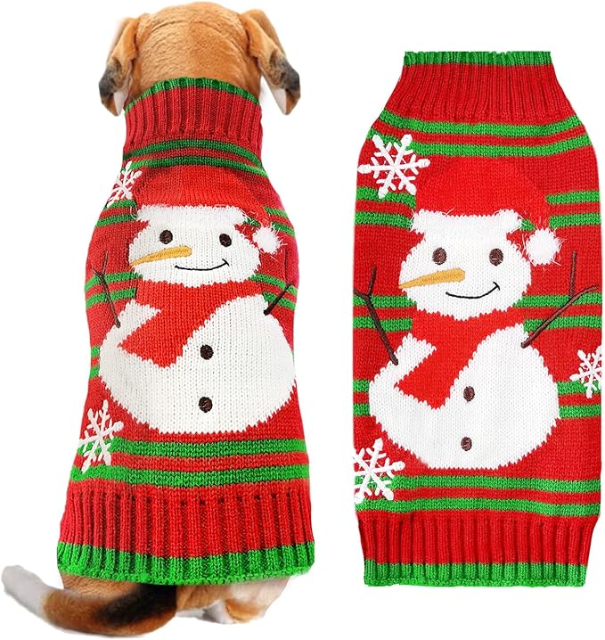 Dog Christmas Sweater Cute Snowman Puppy Cat Costume Boy Girls Xmas Holiday Pet Clothes New Year Outfits Gifts for Small Medium Large Dogs (XL, Red Green Stripe Snowman)